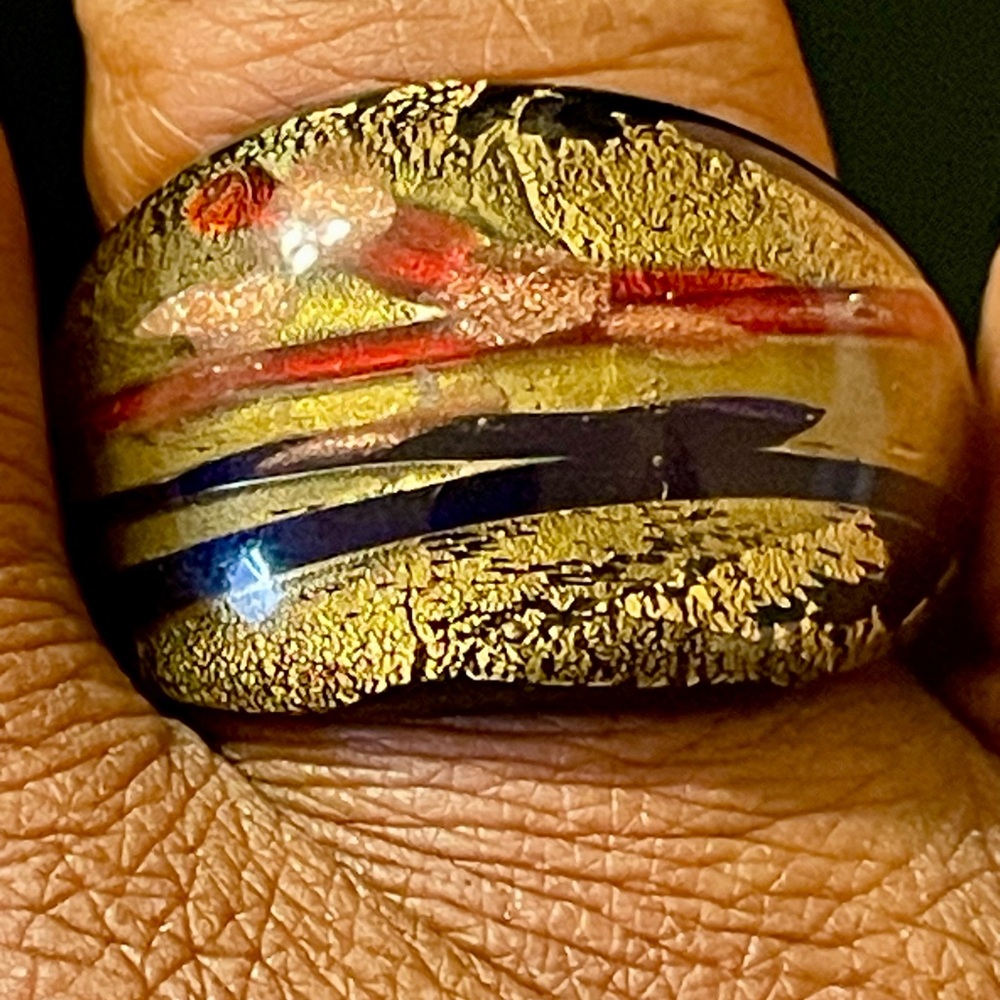 Murano Glass Oval Dome Abstract Art Ring. Gold, Black, and Red. Size 7.5